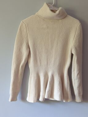 Women's Cream Ribbed Peplum Turtleneck Sweater